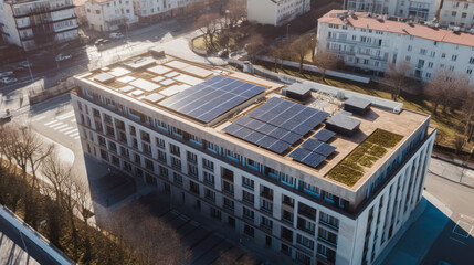 Social housing building with solar panels on the roof, aerial view, created with AI.