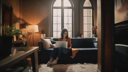 Caucasian woman in a nice house sitting on the couch with her laptop. Created with AI. - obrazy, fototapety, plakaty