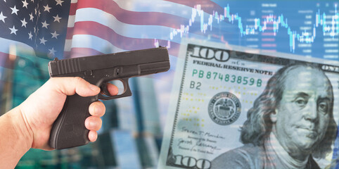 Handgun on American flag background. Gun law concept. USA. 3d illustration