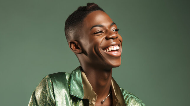 non-vinary african gender person smiling portrait, wearing formal clothes, green background. Created with AI - Powered by Adobe