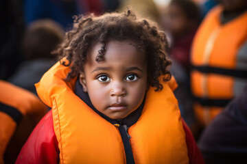 Young sad refugee child with orange life jacket on migrant boat - obrazy, fototapety, plakaty
