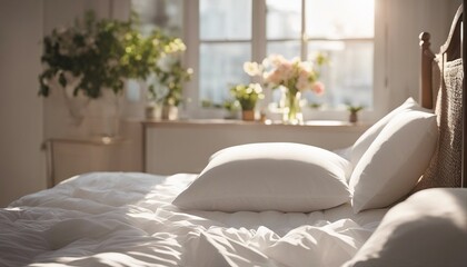 Bed Mattress and Pillows Mess up Bedroom in morning sunlight, White bedding sheets and pillow background
