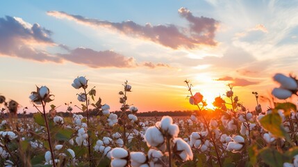cotton fields ready to be harvested .Golden sunset background - obrazy, fototapety, plakaty