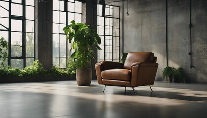 Brown luxury leather armchair in a large empty industrial style space with large window and shadow
