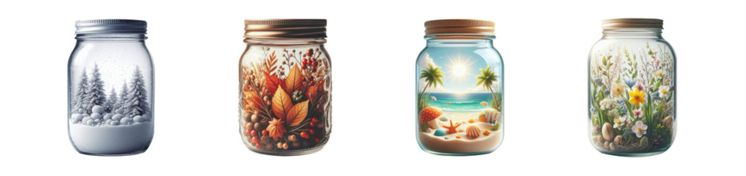 Four seasons in a glass jar. Unique premium pen tool cutout transparent background PNG 3D glass jars with the 4 seasons depicted inside. Winter. Fall. Autumn. Summer. Spring. Closed lidded glass jar.