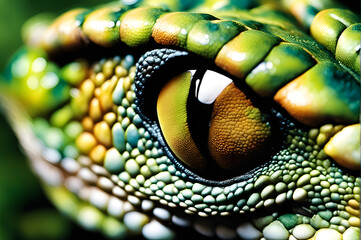 Eye-catching close-up photo of a vibrant green lizard's eye, with flecks of gold and a sharp black pupil. - Powered by Adobe