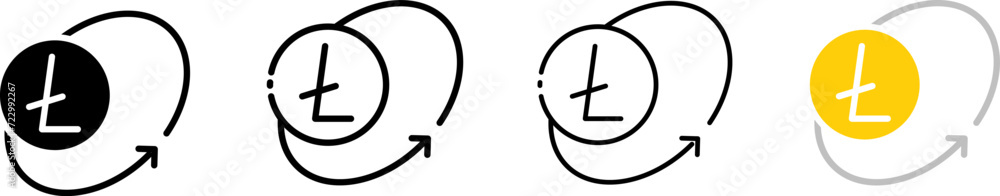 Poster litecoin coin icons with arrows. outline, litecoin in a circle, set of ltc coins and arrows in a cir