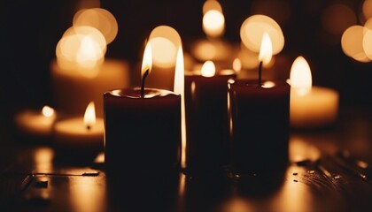 Burning candles on dark wooden background, peaceful scene, copy space for text
