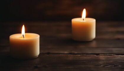 Fototapeta na wymiar Burning candles on dark wooden background, peaceful scene, copy space for text 
