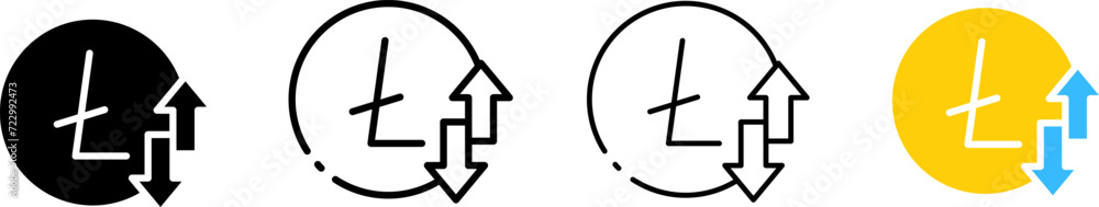 Poster litecoin coin icons and up and down arrows. outline, set of ltc coins and up and down arrows, liteco
