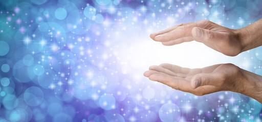Reiki Remote Healing Template  Background - Male Reiki Master Healer with parallel hands reaching...