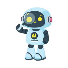 Cute robot character with magnifying glass