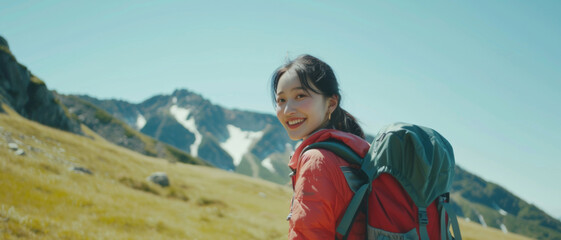 Adventurous woman hiking in mountains, smiling back on a sunny day