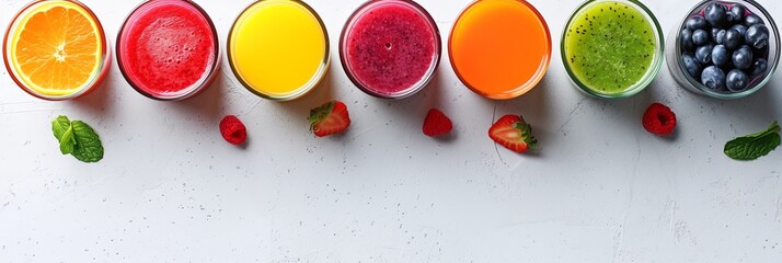Colorful refreshing cold watermelon peach raspberry organge fruits juice smoothies in the glasses...