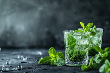 composition of trendy mojito or herbal cocktails like the popular shiso gin and tonic, with shiso leaves in cocktail glasses, on dark background with copy space for text