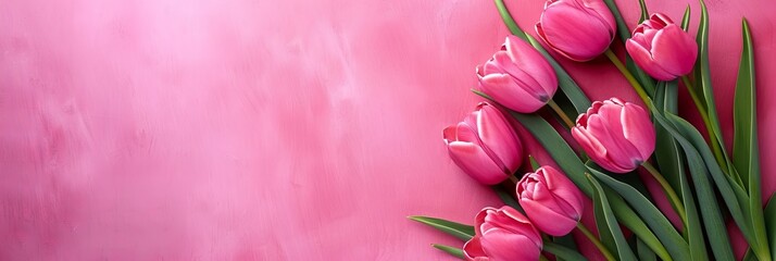 Mother's Day abstract pink color background decorated with tulips pink flowers. Banner with copy space - obrazy, fototapety, plakaty