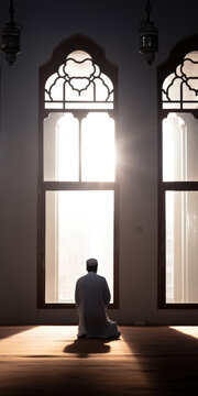 Muslim Man Praying in a Sunlit Room, Fictional character created by Generative AI.