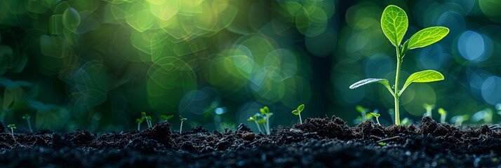 Spring banner background with plant seedling, sunlight on background, seedling on black with copy space - obrazy, fototapety, plakaty