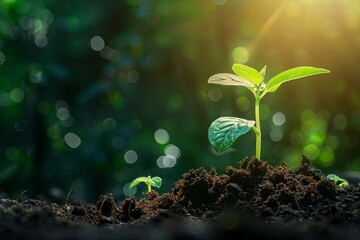 Spring background with plant seedling, sunlight on background, seedling on black with copy space