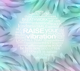 Raise Your Vibration Word Circle Wall Art - Pastel coloured feather border frame square background...