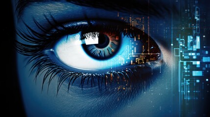 Illustration of an eye with visual vision screen technology hologram effect. Humanoid artificial intelligence modern information technology illustration background wallpaper.	
