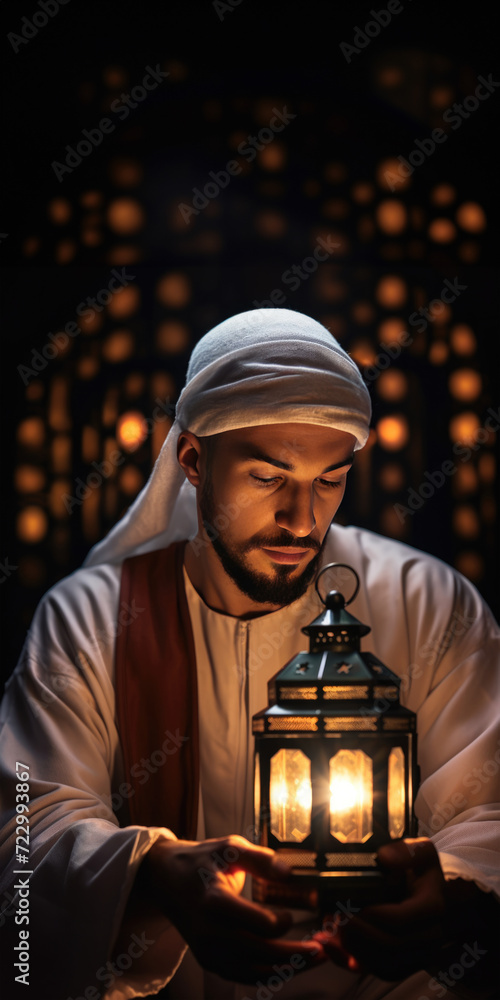 Wall mural arab man in bedroom praying next to a light, fictional character created by generative ai.