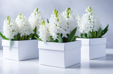 White hyacinth flowers in white boxes stand on a white table.