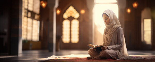 Arabic Reading Woman, Fictional character created by Generative AI. - obrazy, fototapety, plakaty