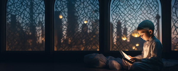 A Young Muslim Boy Reading the Quran by the Light of a Mosque at Night, Fictional character created by Generative AI.