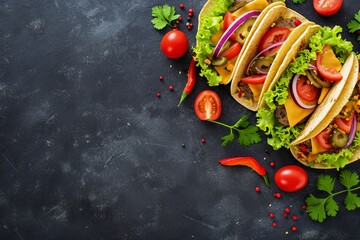 trendy cheeseburger or hamburger tacos on dark background with copy space for text