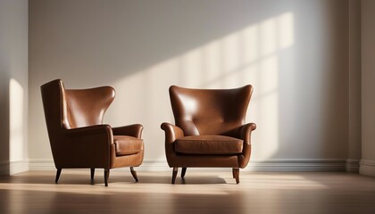 Luxury vintage brown leather Armchair against beige blank Wall Interior space in a large empty room
