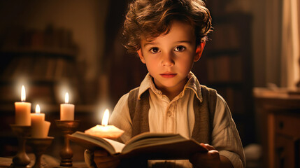 Fototapeta na wymiar Vintage Reading: Young boy immersed in a story with a book and candle in a nostalgic setting.