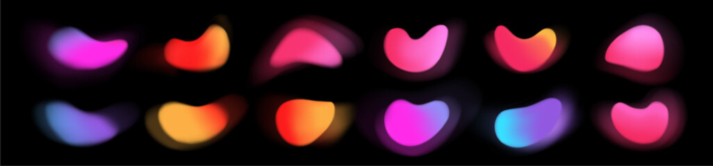 Set of blurred gradient texture and grainy shapes. Modern minimalistic elements. Gradation circles. Noise. Blend mesh. Neon colors. Abstract symbols. Vector illustration. Isolated. Business technology