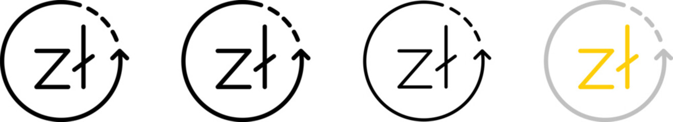 Zloty coin icons and arrow in circle. Outline, set of Zloty coins inside the arrow, Zl arrow update, trade design. Vector icons