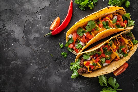 trendy cheeseburger or hamburger tacos on dark background with copy space for text