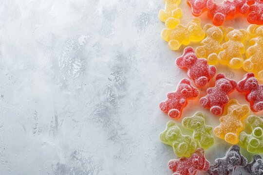 trendy gum bears candy background with copy space for text. Top view on candies of gummy jelly