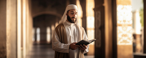 Muslim Man Reading Quran In a Mosque, Fictional character created by Generative AI.