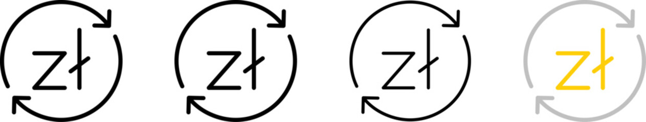Zloty coin icons with arrows. Outline, set of Zloty coins and arrows in a circle, Zl in a circle, trading design. Vector icons