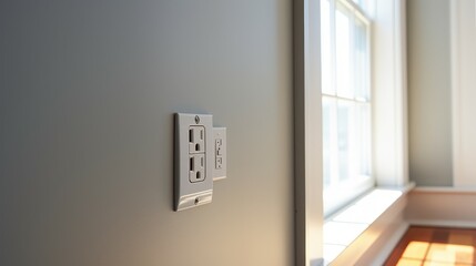 Wall switch Power Electrical socket, power plug electric on interior wall.	 - obrazy, fototapety, plakaty