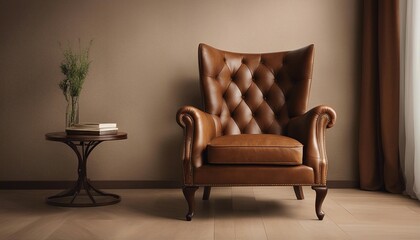 Luxury vintage brown leather Armchair against beige blank Wall Interior space in a large empty room
