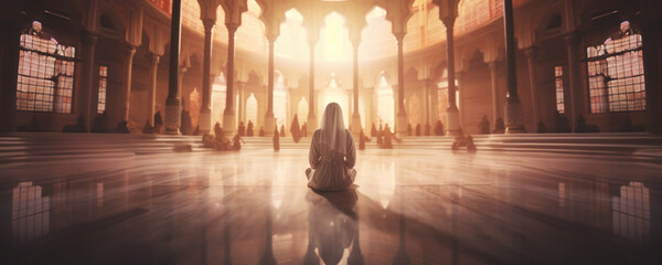 Inside a Serene Mosque – A Muslim Praying, Fictional character created by Generative AI. - obrazy, fototapety, plakaty