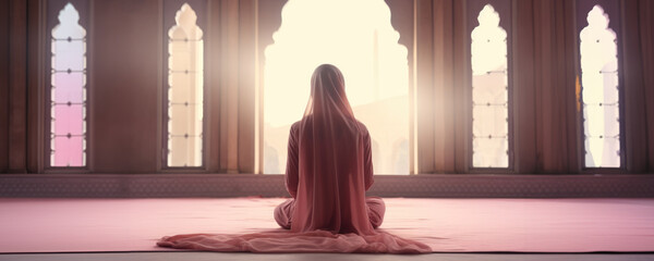 A woman in a pink burka meditating in a sunlit room, Fictional character created by Generative AI.