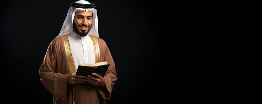 Muslim man wearing a gold-colored robe, or kanzu, reads the Quran. Fictional character created by Generative AI.