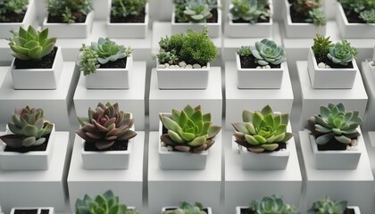 Row of little succulent plants in modern geometric concrete planters isolated on white background
