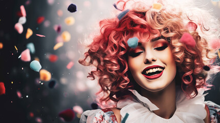 Joyful girl with curly hair and flying confetti around. Concept festive atmosphere. Ai art.