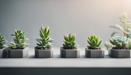 Obraz premium Row of little succulent plants in modern geometric concrete planters isolated on white background 