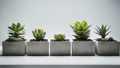 Row of little succulent plants in modern geometric concrete planters isolated on white background
 - obrazy, fototapety, plakaty