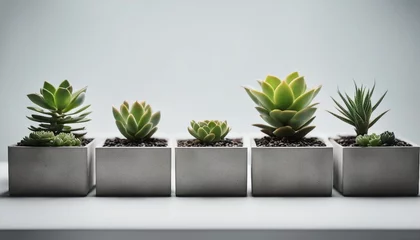 Foto op Aluminium Row of little succulent plants in modern geometric concrete planters isolated on white background  © abu