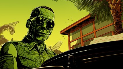 Pop art robotic insurance inspector wearing sunglasses, examining documents with a futuristic touch