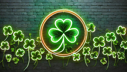 Vector realistic isolated neon sign of Clover frame logo for template decoration and invitation covering on the wall background. Concept of Happy St. Patrick's Day - obrazy, fototapety, plakaty